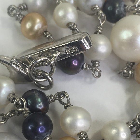 Authentic Pearl bracelet 925 silver triple strand 7.5"-8.5" Multi color - Picture 3 of 6